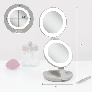 Lighted Travel Mirror with Magnification & Folding-to-Compac: 10X/1X / Round / Taupe