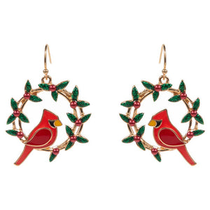 CHRISTMAS WREATH SHAPED ENAMEL WITH CARDINAL EARRING