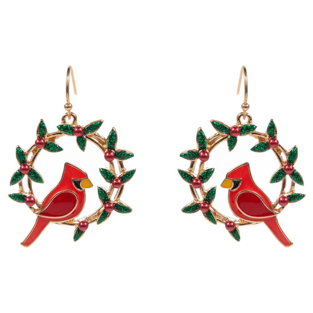 CHRISTMAS WREATH SHAPED ENAMEL WITH CARDINAL EARRING