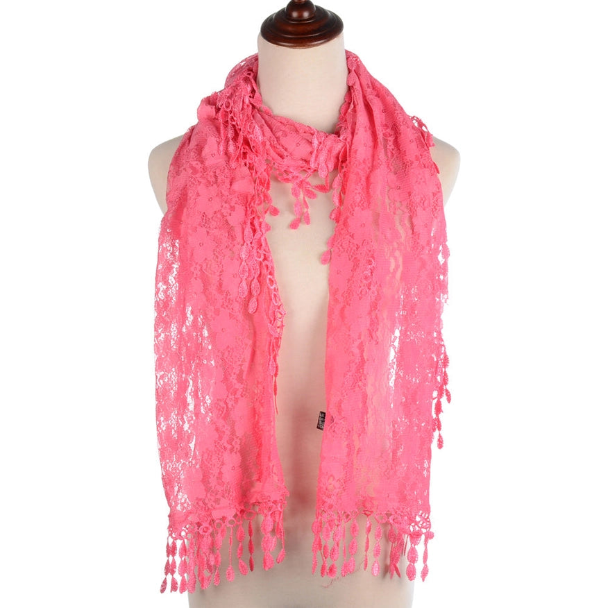 One Piece Leaf Pattern Lace Scarf with Tasse Pink
