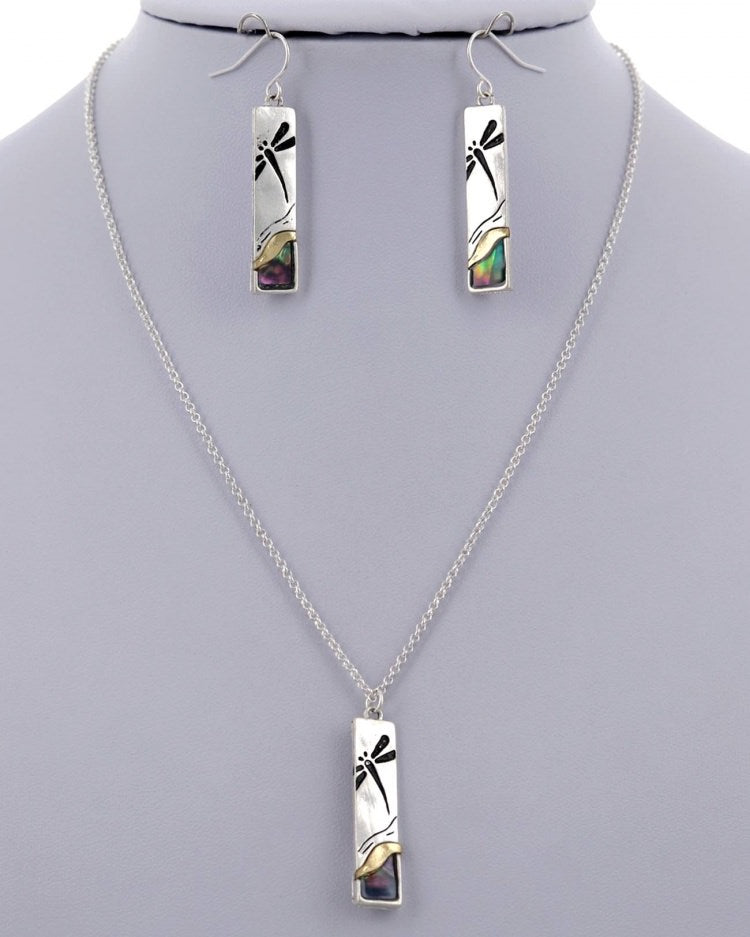 Bug / Dragonfly Metal Pendant Necklace & Earring Set