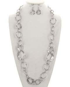 Hammered Metal Link Chain Long Necklace &amp; Earring Set