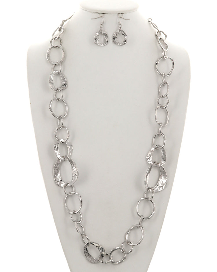 Hammered Metal Link Chain Long Necklace & Earring Set