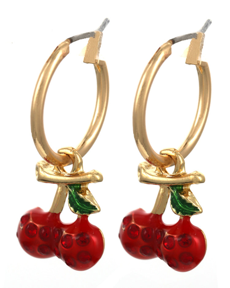 Cherry Drop w Stone Hoop Earring Set