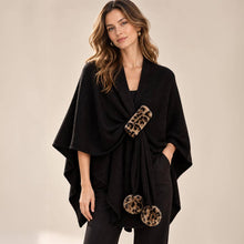 Load image into Gallery viewer, Leopard Pom Pom Trim Draped Shawl Poncho: Black
