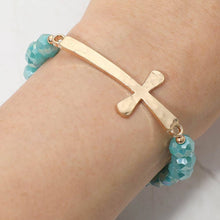 Load image into Gallery viewer, Brushed Hammered Metal Cross Accent Faceted Beaded Stretch Bracelet: Red
