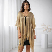 Load image into Gallery viewer, Lightweight Metallic Fringe Flowing Kimono Cover Up: Gold
