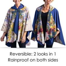 Load image into Gallery viewer, Tiffany Peonies &amp; Iris Reversible Rain Cape – Lightweight Hooded Wrap for Women
