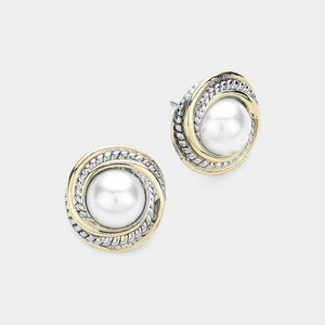 14K Gold Plated Two Tone Pearl Button Stud Earrings