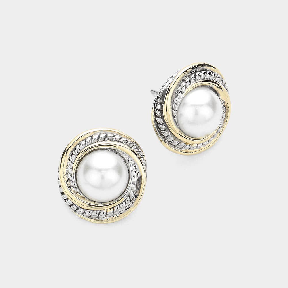 14K Gold Plated Two Tone Pearl Button Stud Earrings