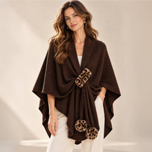 Load image into Gallery viewer, Leopard Pom Pom Trim Draped Shawl Poncho: Black
