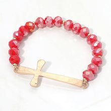 Load image into Gallery viewer, Brushed Hammered Metal Cross Accent Faceted Beaded Stretch Bracelet: Hematite
