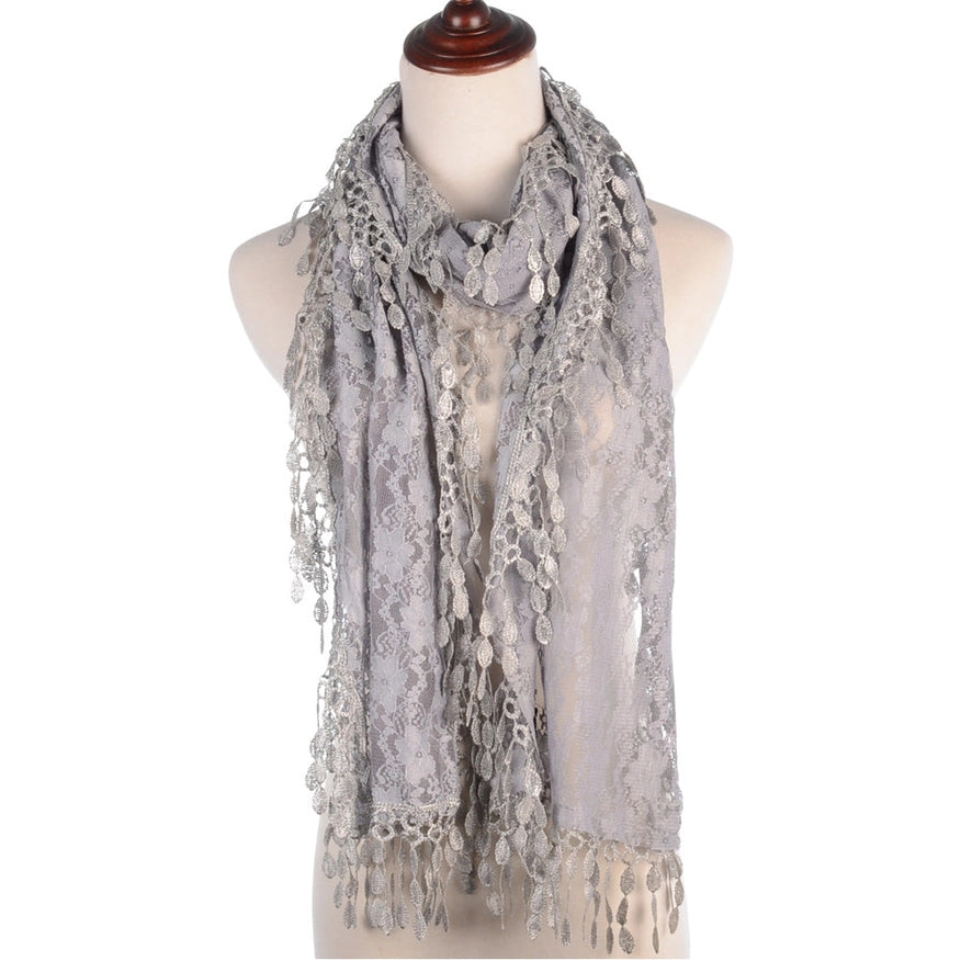 One Piece Leaf Pattern Lace Scarf with Tasse Gray