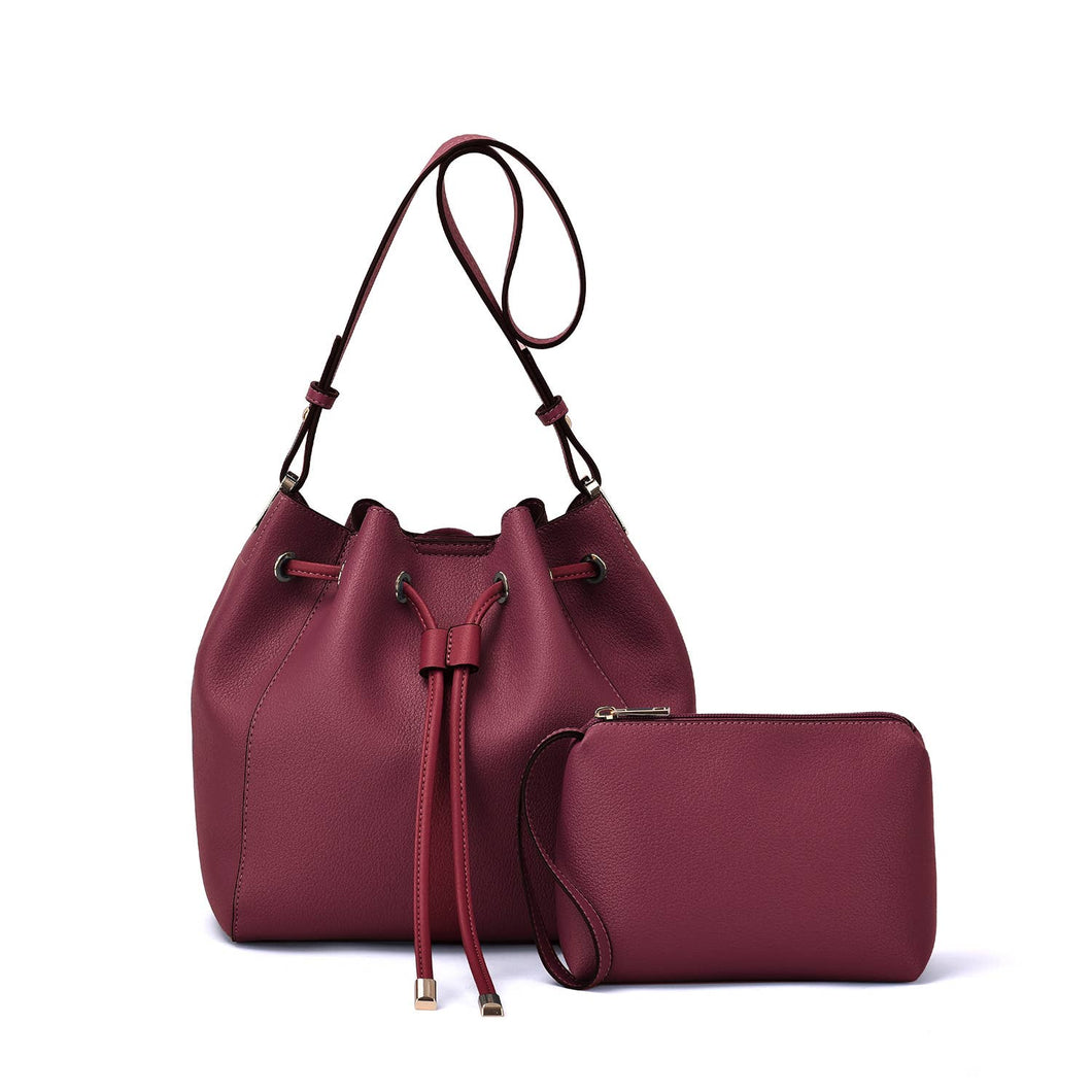 Ashby Drawstring Bucket Bag with Pouch: Burgundy