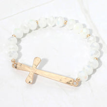 Load image into Gallery viewer, Brushed Hammered Metal Cross Accent Faceted Beaded Stretch Bracelet: Red
