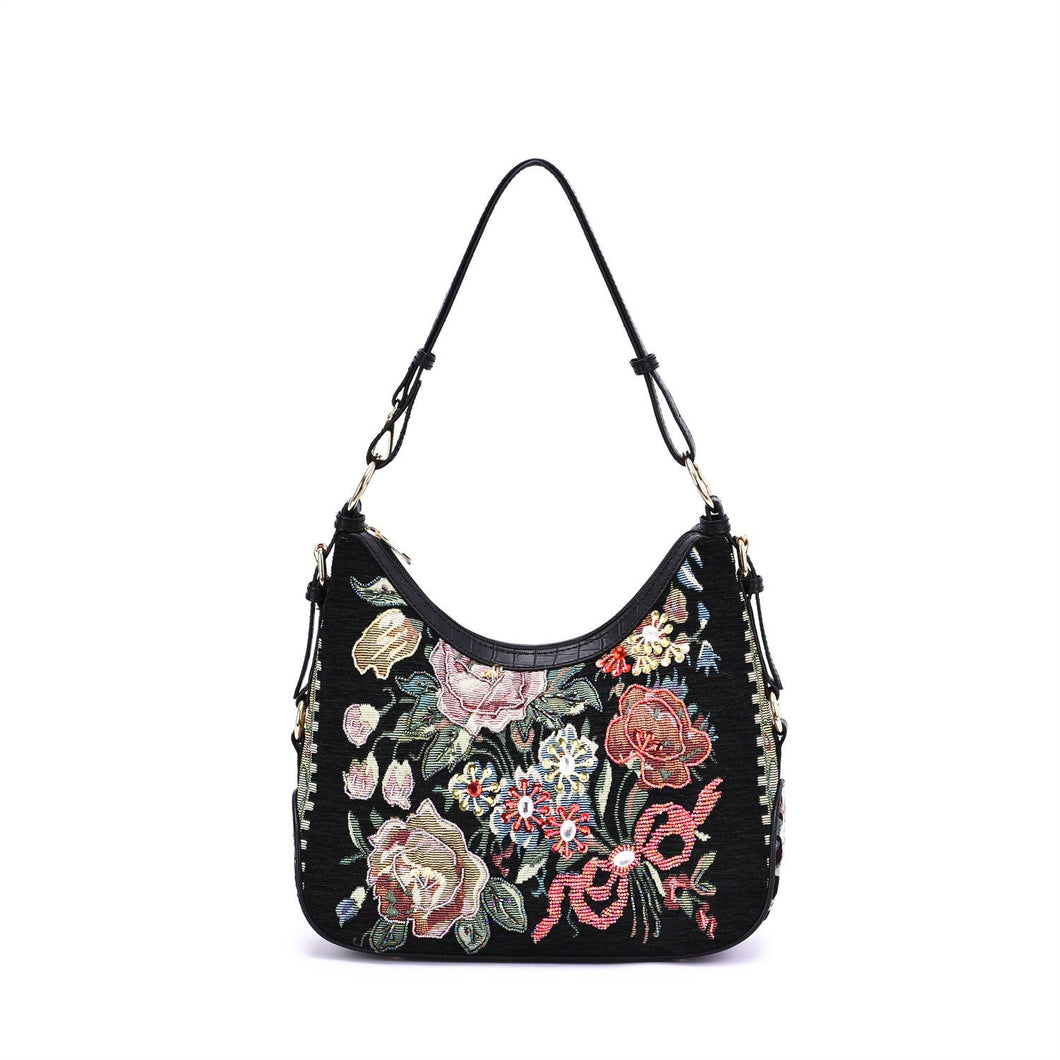 Flower Shop Hand Beaded Hobo Bag: Black