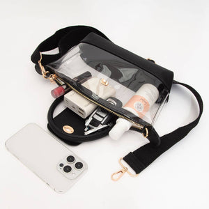 Faux Leather Compact Transparent Top Handle Crossbody Bag: Clear,Silver