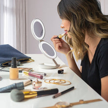 Load image into Gallery viewer, Lighted Travel Mirror with Magnification &amp; Folding-to-Compac: 10X/1X / Round / Taupe
