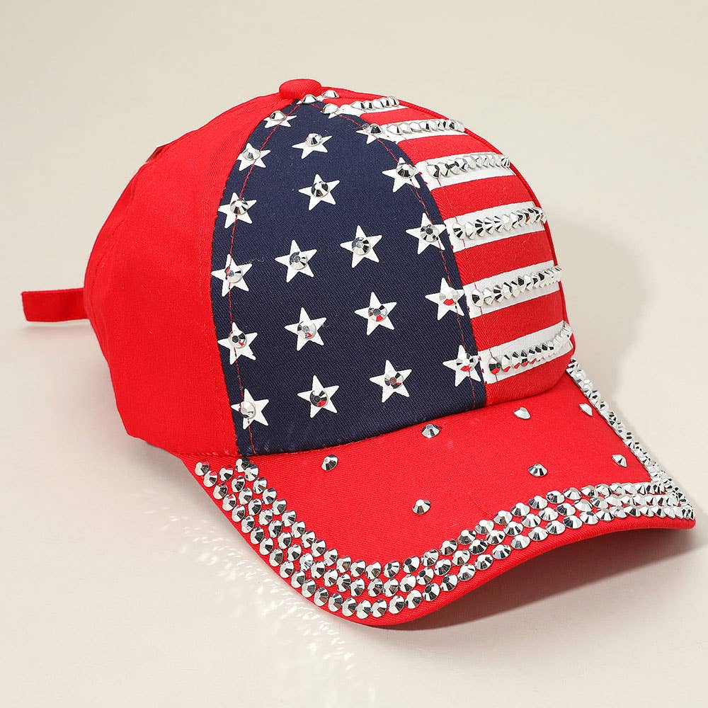 Bling Studded American USA Flag Baseball Cap: Red