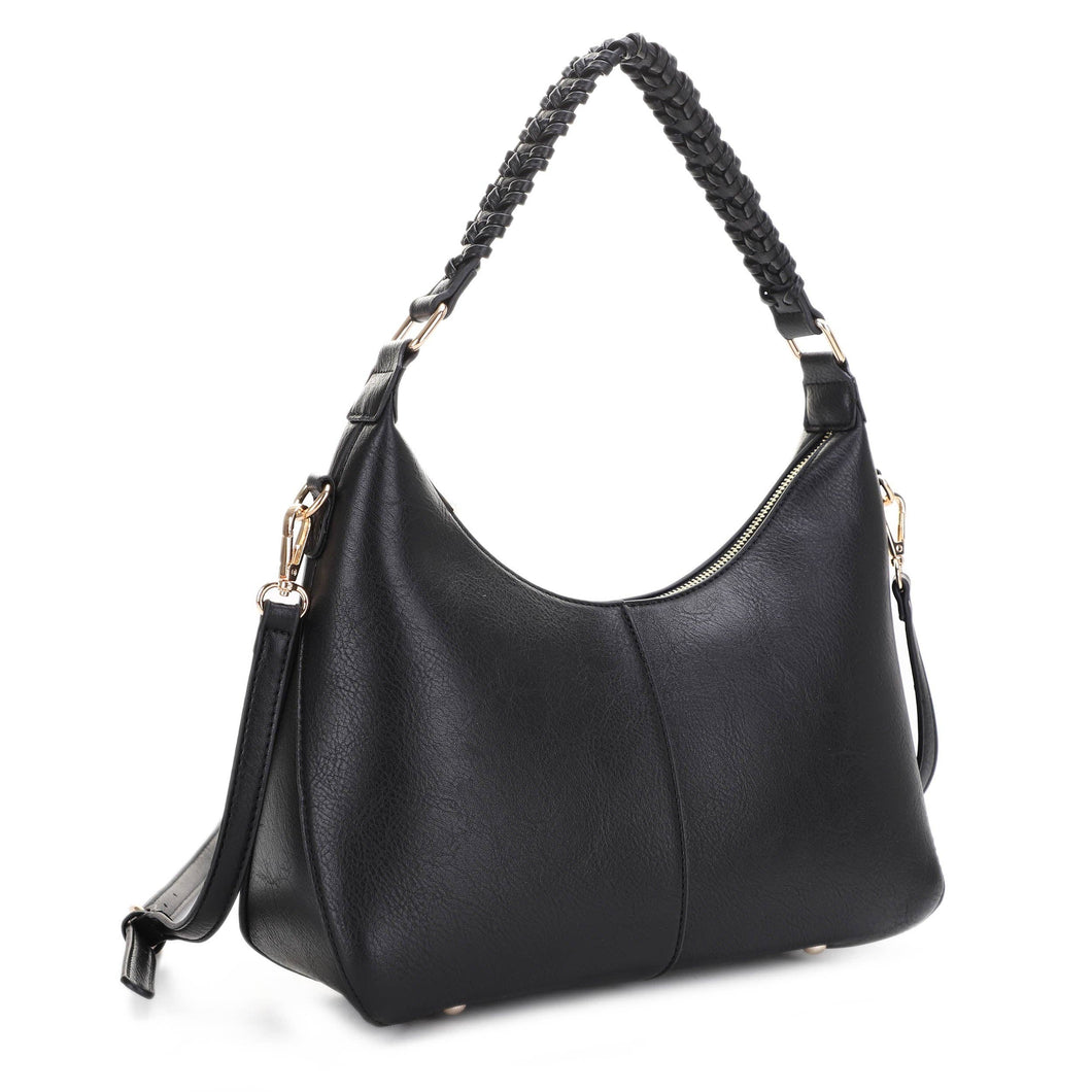 Hobo Shoulder Bag with Braided Handle: Black