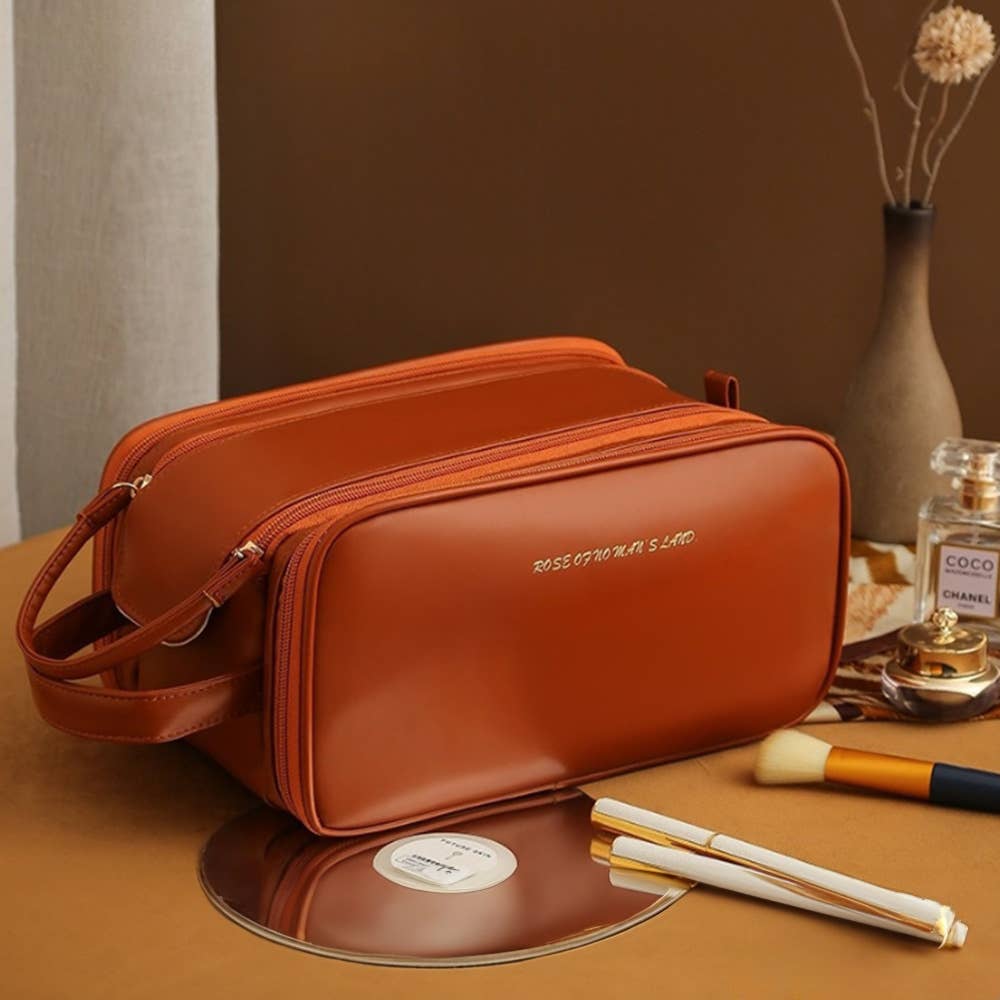3 Layer Portable Travel Makeup Pouch Bag: Brown