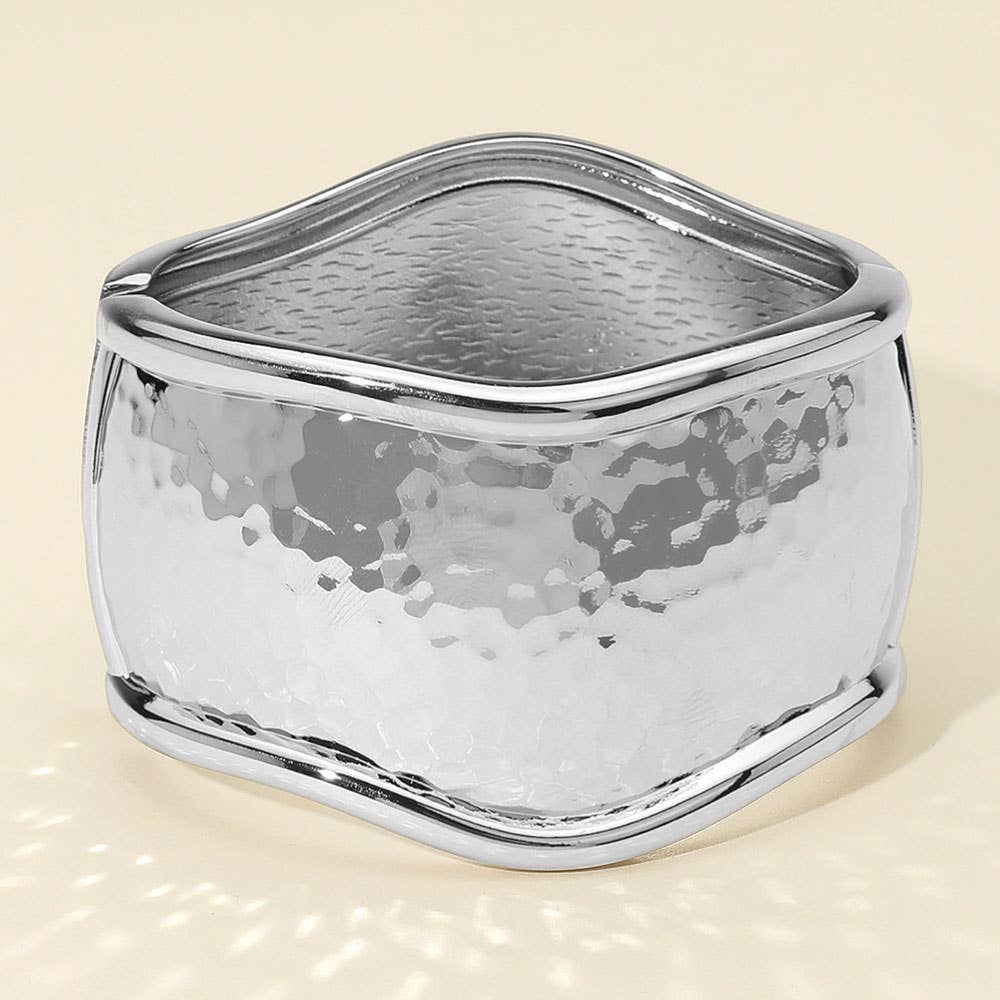 Wide Textured Metal Hinged Bangle Bracelet: Rhodium