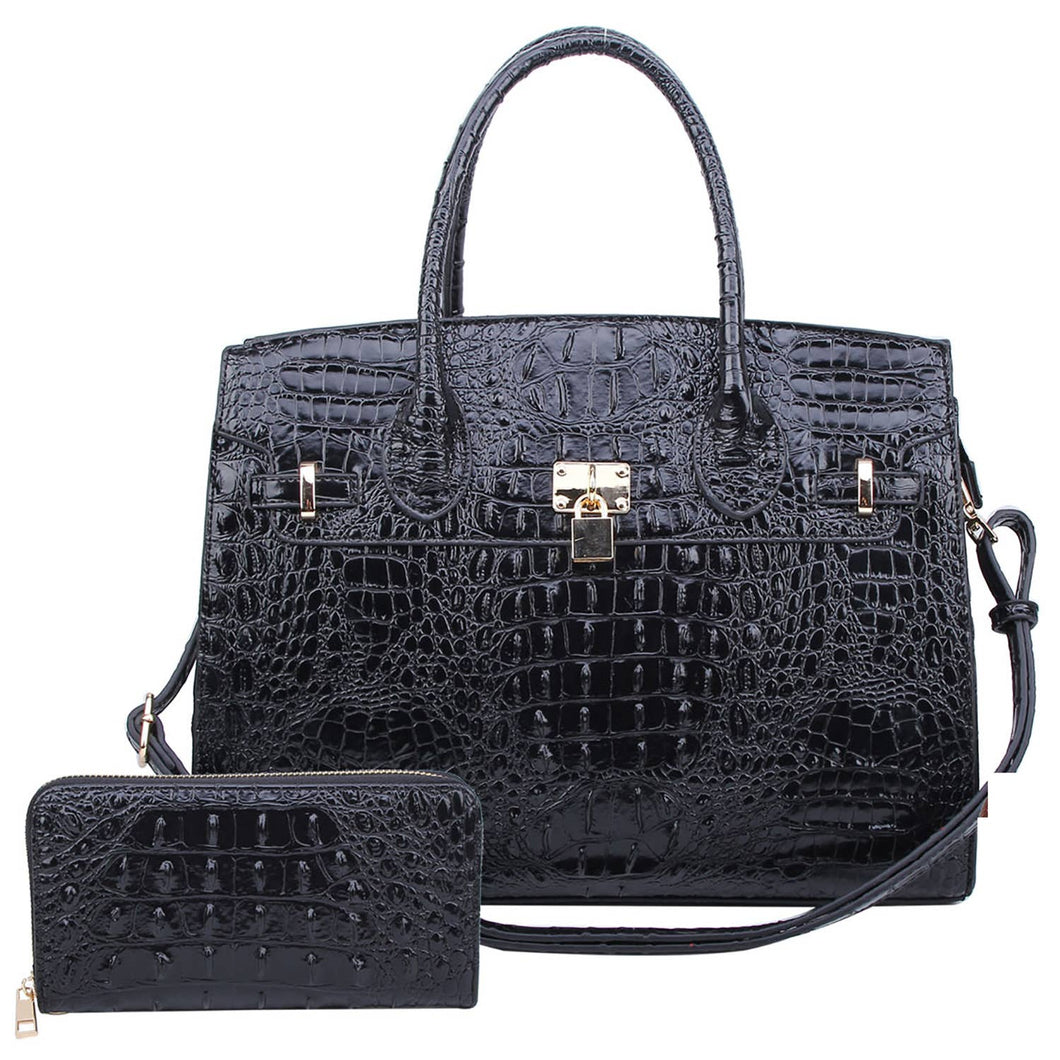 Croc Alligator Padlock 2-in-1 Satchel: Black