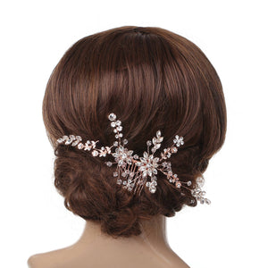 Crystal Handmade Bridal Comb with Flower Detail: Gold-Clear