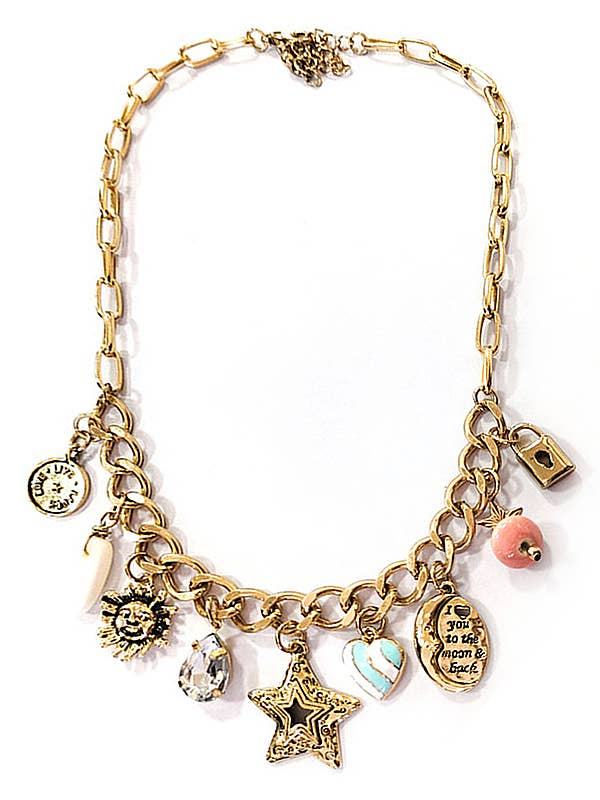 Vintage charm dangle necklace - moon star sun