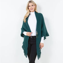 Load image into Gallery viewer, Fringe Knit Open Front Shawl Wrap Poncho: Blue
