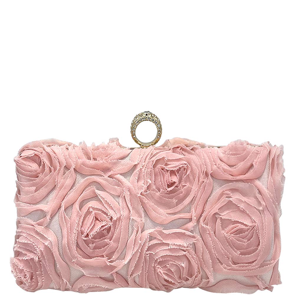 FLORAL ROSE CHIFFON CLUTCH EVENING BAG,  PINK
