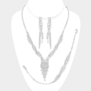 3-PCS Rhinestone fringe necklace jewelry set: Clear,Silver