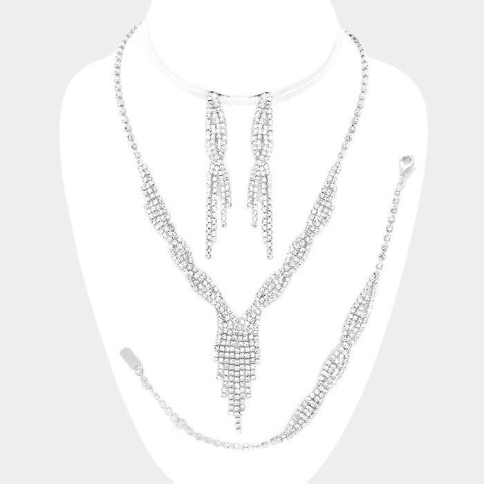 3-PCS Rhinestone fringe necklace jewelry set: Clear,Silver