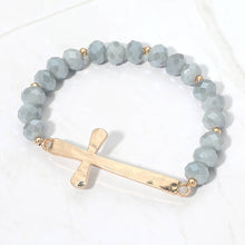 Load image into Gallery viewer, Brushed Hammered Metal Cross Accent Faceted Beaded Stretch Bracelet: Hematite
