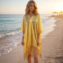 Load image into Gallery viewer, Lightweight Metallic Fringe Flowing Kimono Cover Up: Yellow

