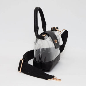 Faux Leather Compact Transparent Top Handle Crossbody Bag: Clear,Silver