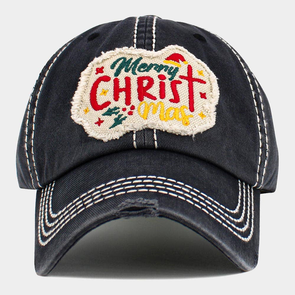 Merry CHRIST Mas Message Accented Vintage Baseball Cap: Black