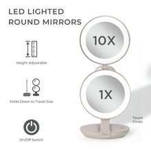Load image into Gallery viewer, Lighted Travel Mirror with Magnification &amp; Folding-to-Compac: 10X/1X / Round / Taupe
