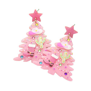 Glittered Resin Western Cowboy Christmas Tree Dangle Earrings: Pink