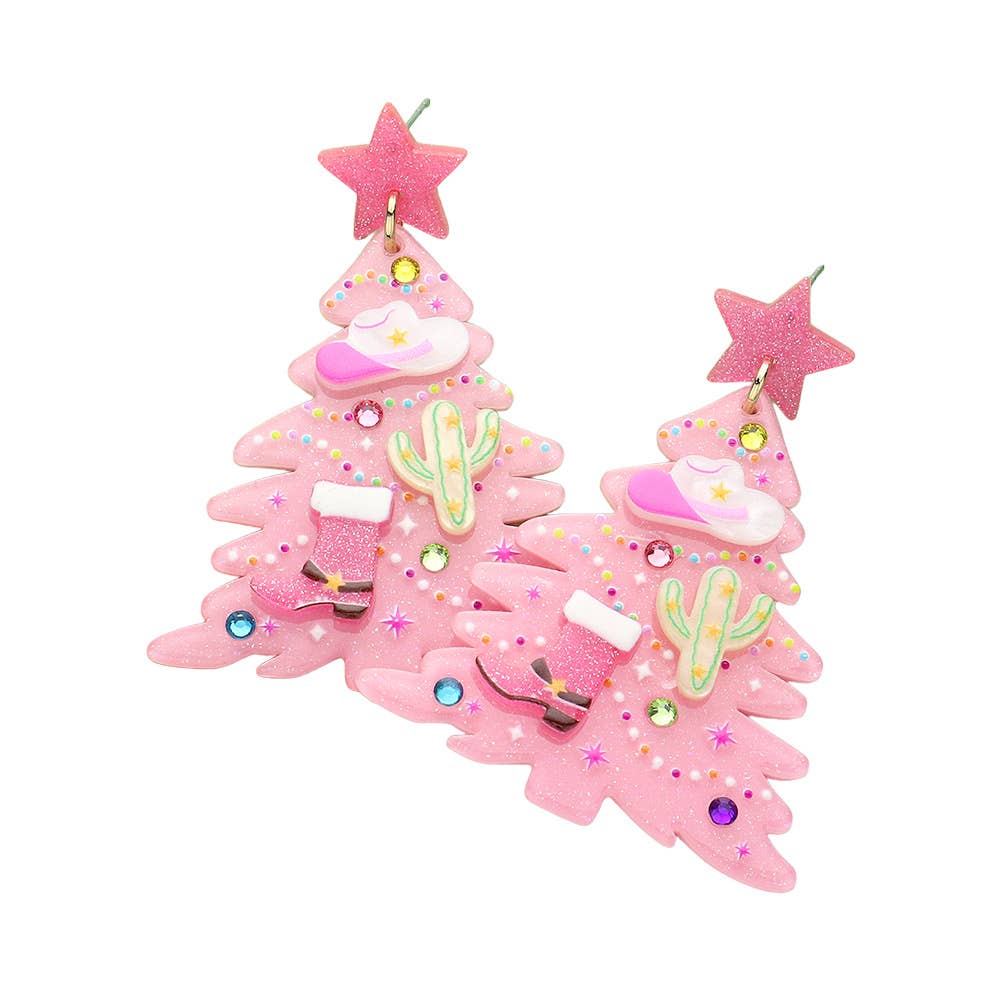 Glittered Resin Western Cowboy Christmas Tree Dangle Earrings: Pink