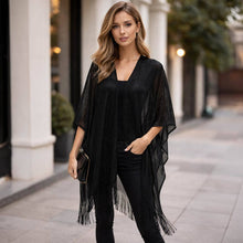 Load image into Gallery viewer, Lightweight Metallic Fringe Flowing Kimono Cover Up: Black
