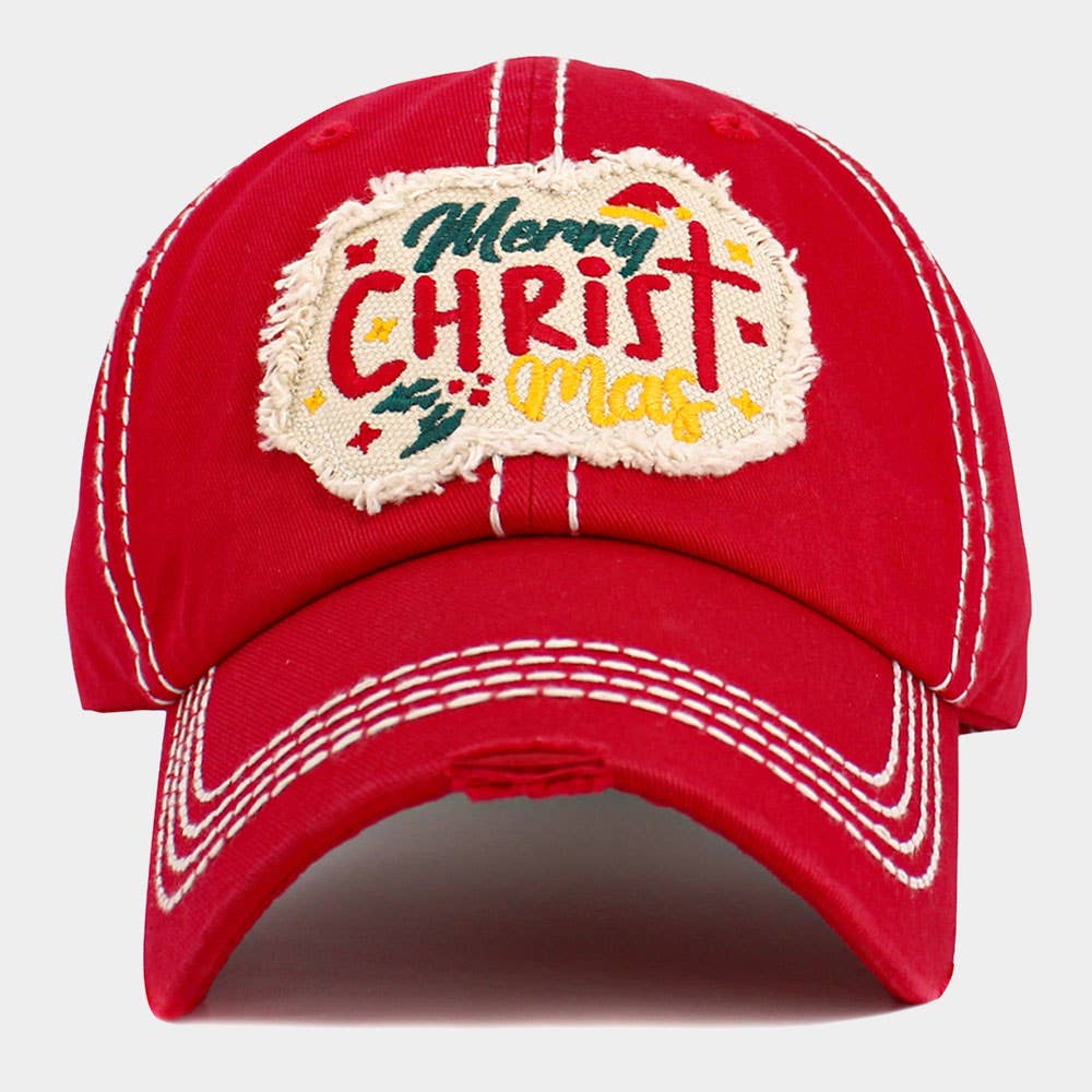 Merry CHRIST Mas Message Accented Vintage Baseball Cap: Red