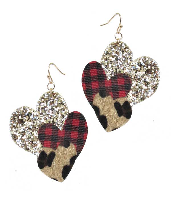 Buffalo plaid check triple heart earring