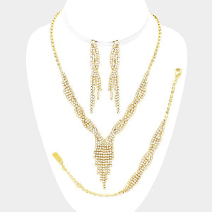 3-PCS Rhinestone fringe necklace jewelry set: Clear,Gold