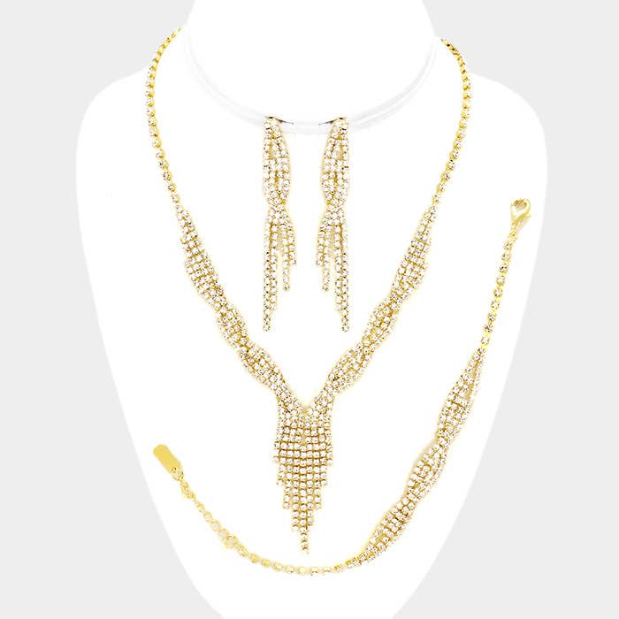 3-PCS Rhinestone fringe necklace jewelry set: Clear,Gold