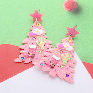 Glittered Resin Western Cowboy Christmas Tree Dangle Earrings: Pink