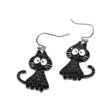 Load image into Gallery viewer, Studded Enamel Black Cat Charm Drop Dangle Earrings
