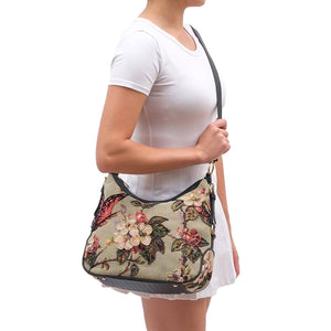 Butterfly Hand-Beaded Hobo Bag Sage