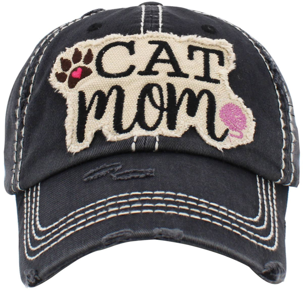 CAT MOM Washed Vintage Ball Cap: BLK