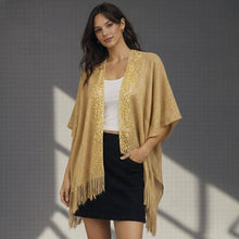 Load image into Gallery viewer, Sequin Embellished Open Front Fringe Trim Lurex Kimono: Beige

